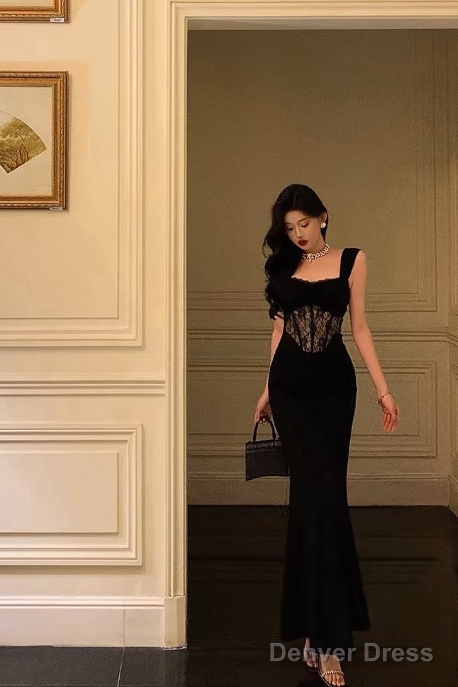 Sexy Sheath Straps Sleeveless Black Ankle Length Lace Prom Dresses Birthday Outfits