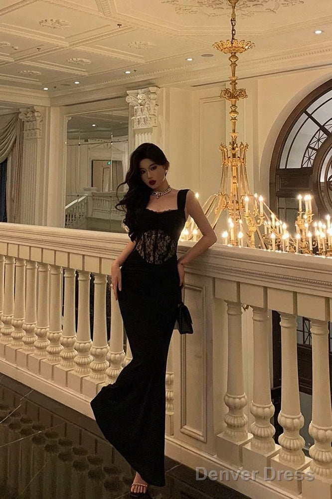 Sexy Sheath Straps Sleeveless Black Ankle Length Lace Prom Dresses Birthday Outfits