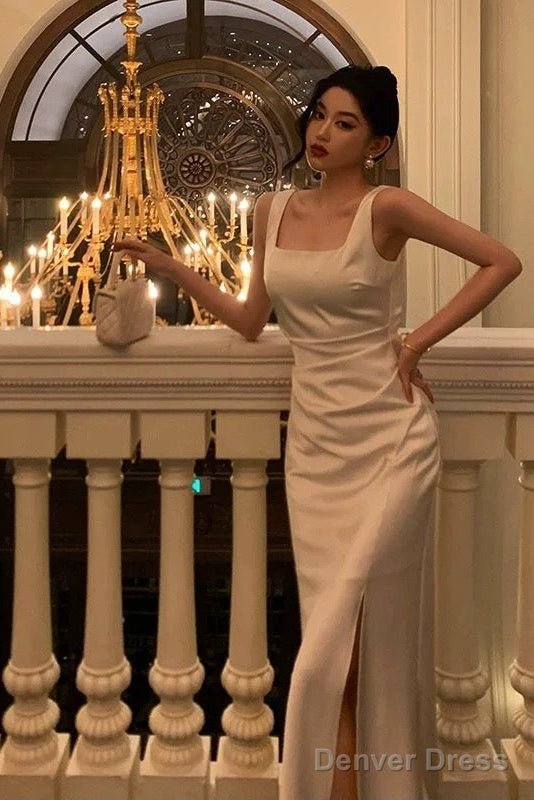 Sexy Sheath Straps White Slit Prom Dress Birthday Outfits Prom Gowns Prom Dresses