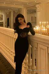 Sexy Sheath Sweetheart Velvet Black Long Sleeves Prom Dresses Evening Dress