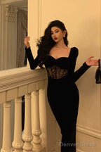 Sexy Sheath Sweetheart Velvet Black Long Sleeves Prom Dress