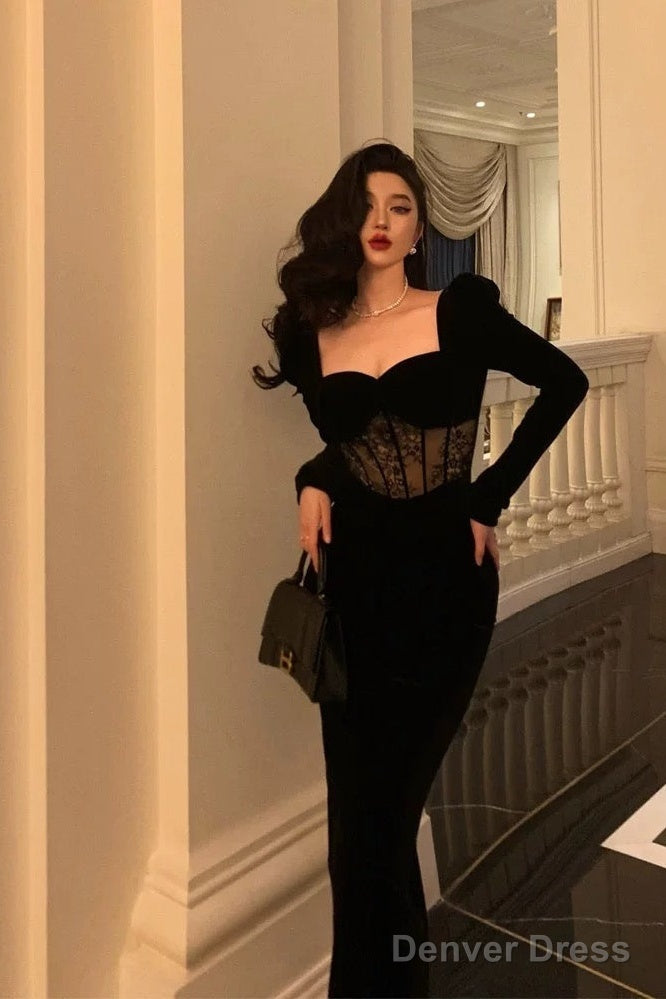 Sexy Sheath Sweetheart Velvet Black Long Sleeves Prom Dress