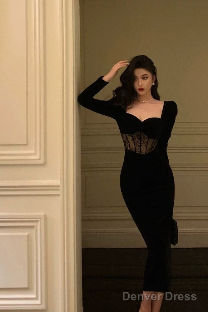 Sexy Sheath Sweetheart Velvet Black Long Sleeves Prom Dress