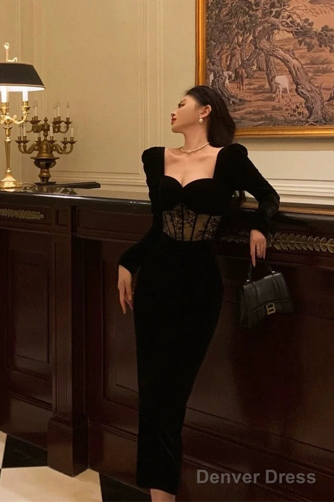 Sexy Sheath Sweetheart Velvet Black Long Sleeves Prom Dresses Evening Dress