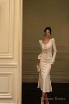 Sexy Sheath U Neckline White Long Sleeves Prom Dresses Birthday Dress