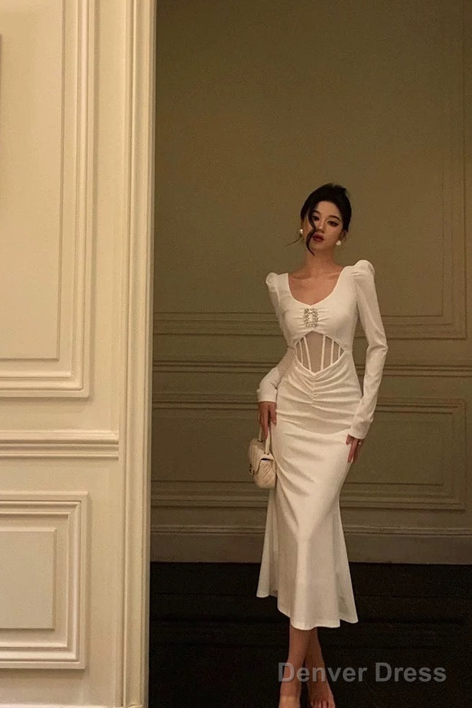 Sexy Sheath U Neckline White Long Sleeves Prom Dress Birthday Dresses