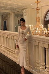 Sexy Sheath U Neckline White Long Sleeves Prom Dresses Birthday Dress