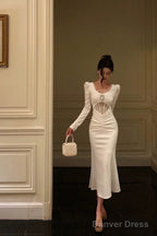 Sexy Sheath U Neckline White Long Sleeves Prom Dresses Birthday Dress