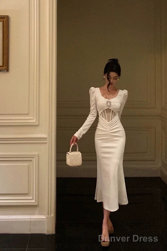 Sexy Sheath U Neckline White Long Sleeves Prom Dress Birthday Dresses