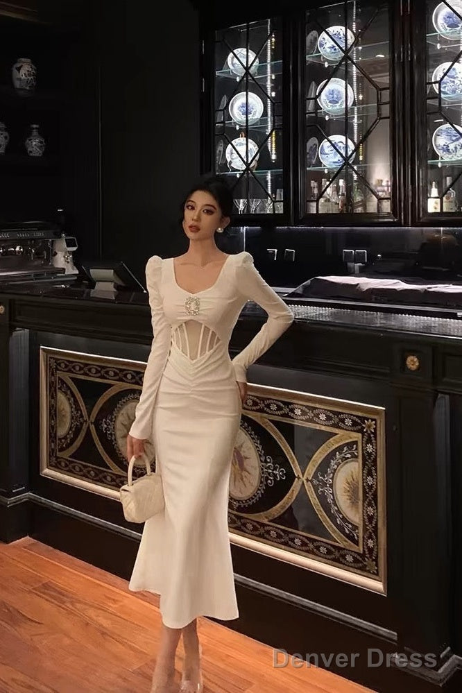 Sexy Sheath U Neckline White Long Sleeves Prom Dress Birthday Dresses