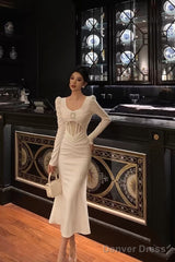 Sexy Sheath U Neckline White Long Sleeves Prom Dresses Birthday Dress