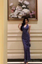 Sexy Sheath V Neckline Floral Blue Prom Dresses Birthday Outfits Prom Gowns