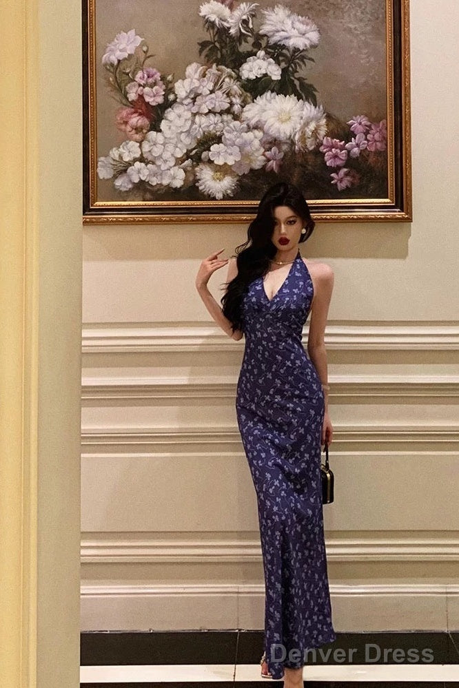 Sexy Sheath V Neckline Floral Blue Prom Dresses Birthday Outfits Prom Gowns