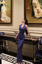 Sexy Sheath V Neckline Floral Blue Prom Dresses Birthday Outfits Prom Gowns