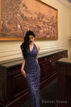 Sexy Sheath V Neckline Floral Blue Prom Dresses Birthday Outfits Prom Gowns