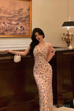 Sexy Sheath V Neckline Floral Prom Dresses Birthday Outfits Prom Gowns