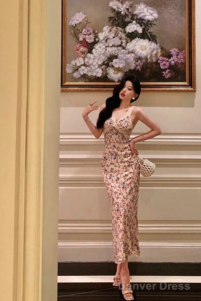 Sexy Sheath V Neckline Floral Prom Dresses Birthday Outfits Evening Gown