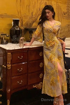Sexy Sheath V Neckline Floral Yellow Slit Prom Dresses Birthday Outfits Prom Gowns