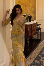 Sexy Sheath V Neckline Floral Yellow Slit Prom Dresses Birthday Outfits Prom Gowns