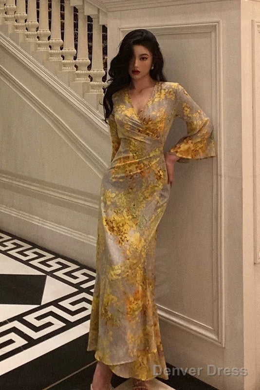 Sexy Sheath V Neckline Floral Yellow Slit Prom Dresses Birthday Outfits Prom Gowns
