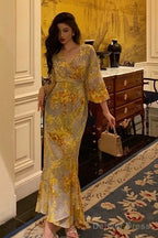 Sexy Sheath V Neckline Floral Yellow Slit Prom Dresses Birthday Outfits Prom Gowns