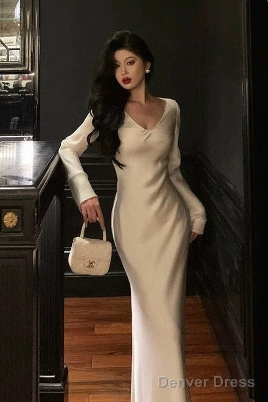 Sexy Sheath V Neckline Ivory Long Prom Dresses Birthday Outfits Prom Gowns