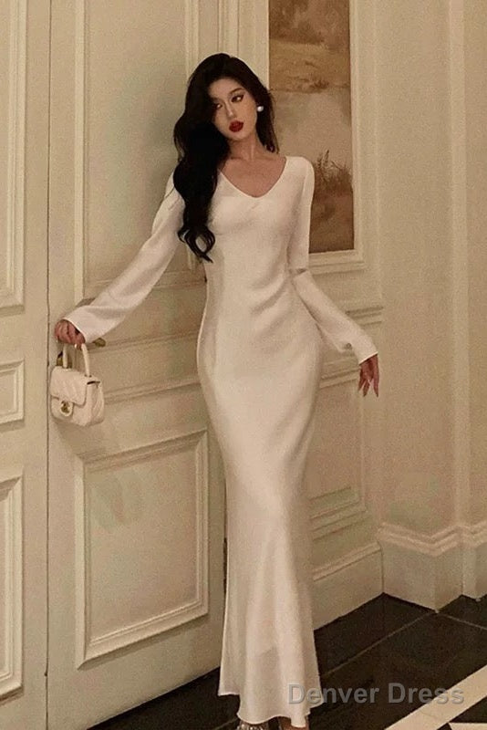 Sexy Sheath V Neckline Ivory Long Prom Dresses Birthday Outfits Prom Gowns