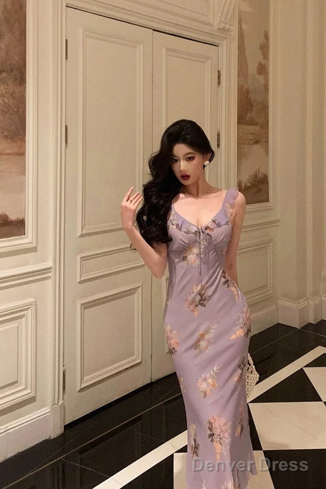 Sexy Sheath V Neckline Lilac Floral Satin Prom Dresses Birthday Outfits Prom Gowns