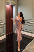 Sexy Sheath V Neckline Lilac Floral Satin Prom Dresses Birthday Outfits Prom Gowns