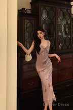 Sexy Sheath V Neckline Lilac Floral Satin Prom Dresses Birthday Outfits Prom Gowns