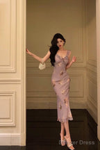 Sexy Sheath V Neckline Lilac Floral Satin Prom Dresses Birthday Outfits Prom Gowns