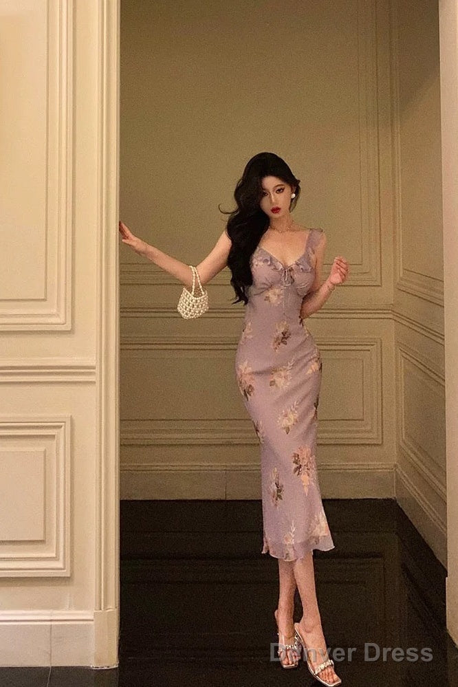 Sexy Sheath V Neckline Lilac Floral Satin Prom Dresses Birthday Outfits Prom Gowns