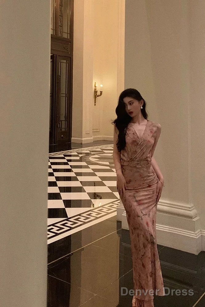 Sexy Sheath V Neckline Long Pink Floral Prom Dresses Birthday Outfits Prom Gowns