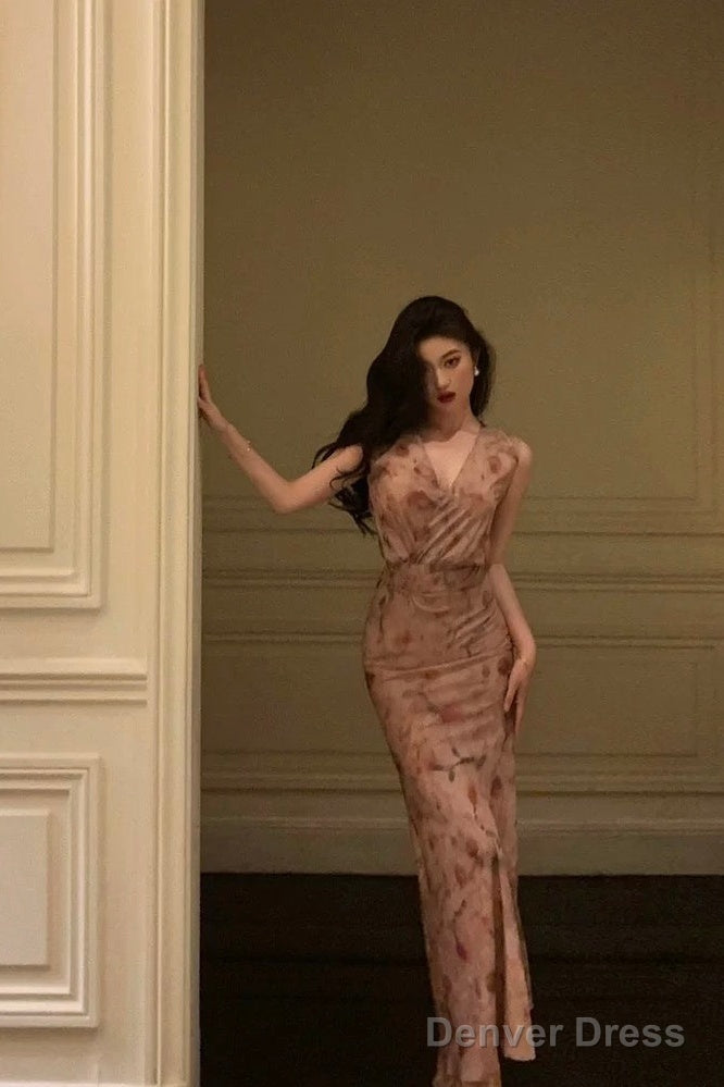 Sexy Sheath V Neckline Long Pink Floral Prom Dresses Birthday Outfits Prom Gowns