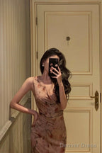 Sexy Sheath V Neckline Long Pink Floral Prom Dresses Birthday Outfits Evening Gown