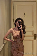 Sexy Sheath V Neckline Long Pink Floral Prom Dresses Birthday Outfits Prom Gowns