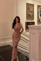 Sexy Sheath V Neckline Long Pink Floral Prom Dresses Birthday Outfits Prom Gowns