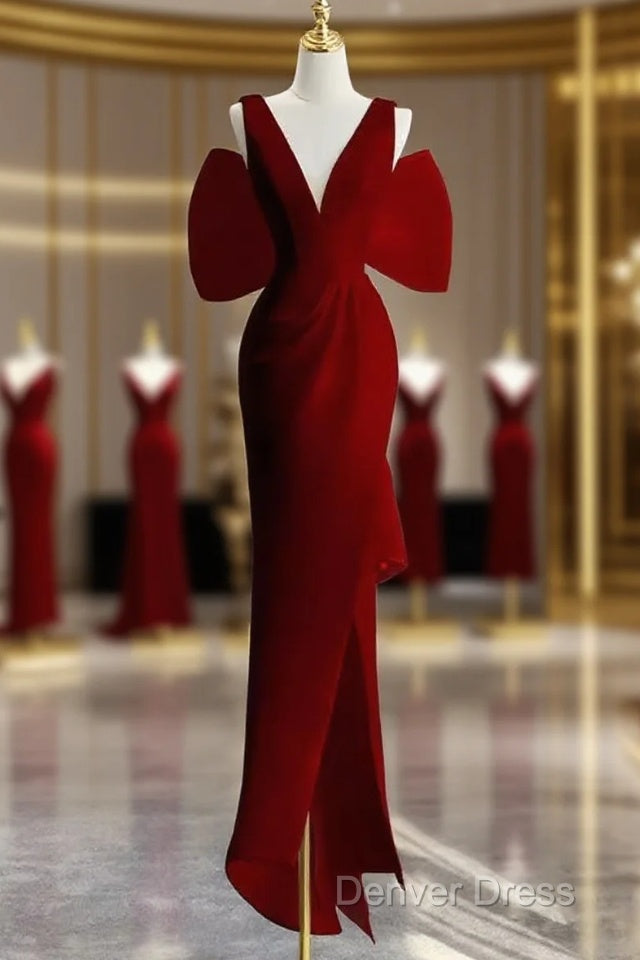 Sexy Sheath V Neckline Long Senior Red Prom Dresses Formal Dresses