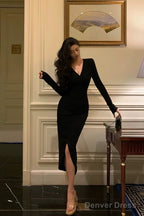 Sexy Sheath V Neckline Long Sleeves Black Slit Prom Dresses Birthday Outfits