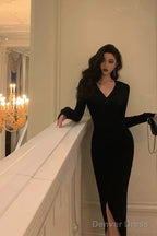 Sexy Sheath V Neckline Long Sleeves Black Slit Prom Dresses Birthday Outfits