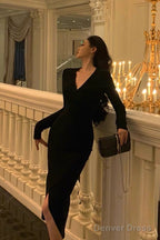 Sexy Sheath V Neckline Long Sleeves Black Slit Prom Dresses Birthday Outfits