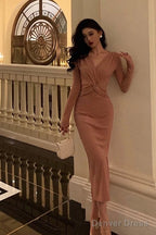 Sexy Sheath V Neckline Pink Pleated Prom Dresses Birthday Outfits Prom Gowns