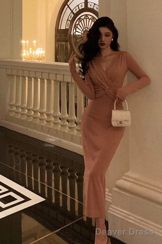 Sexy Sheath V Neckline Pink Pleated Prom Dresses Birthday Outfits Prom Gowns