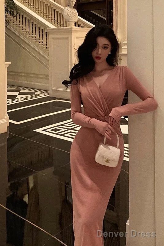 Sexy Sheath V Neckline Pink Pleated Prom Dresses Birthday Outfits Prom Gowns