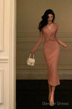 Sexy Sheath V Neckline Pink Pleated Prom Dresses Birthday Outfits Prom Gowns