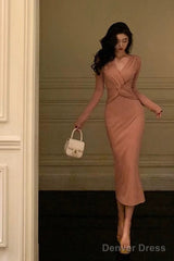 Sexy Sheath V Neckline Pink Pleated Prom Dresses Birthday Outfits Evening Gown