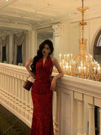 Sexy Sheath V Neckline Red Floral Ankle Length Prom Dress Birthday Dresses