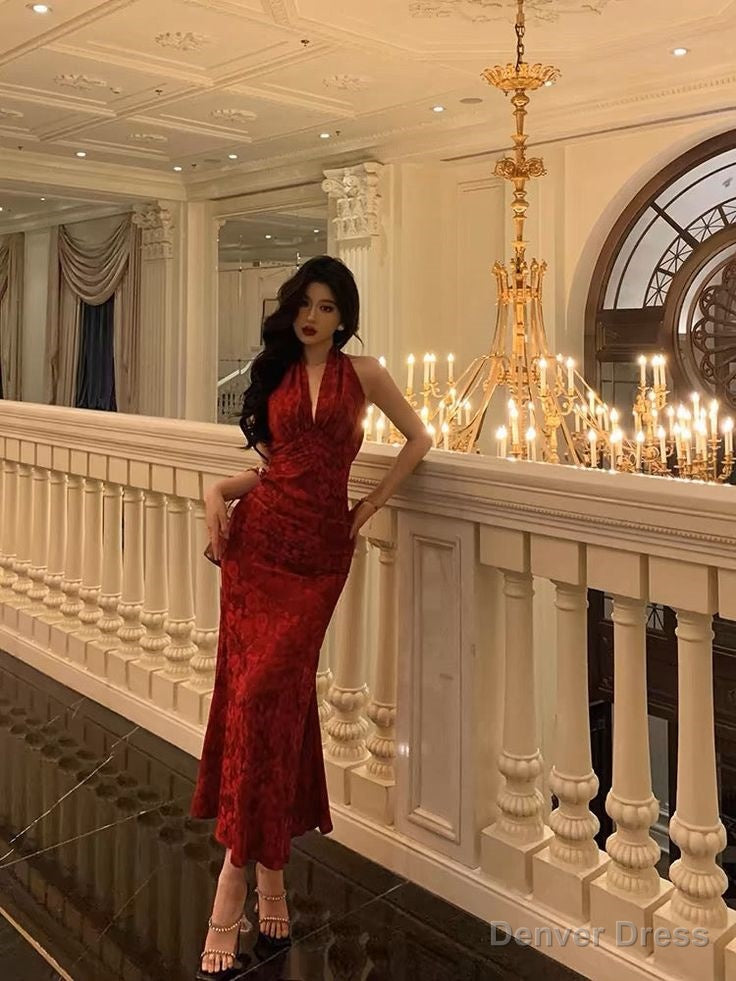 Sexy Sheath V Neckline Red Floral Ankle Length Prom Dress Birthday Dresses