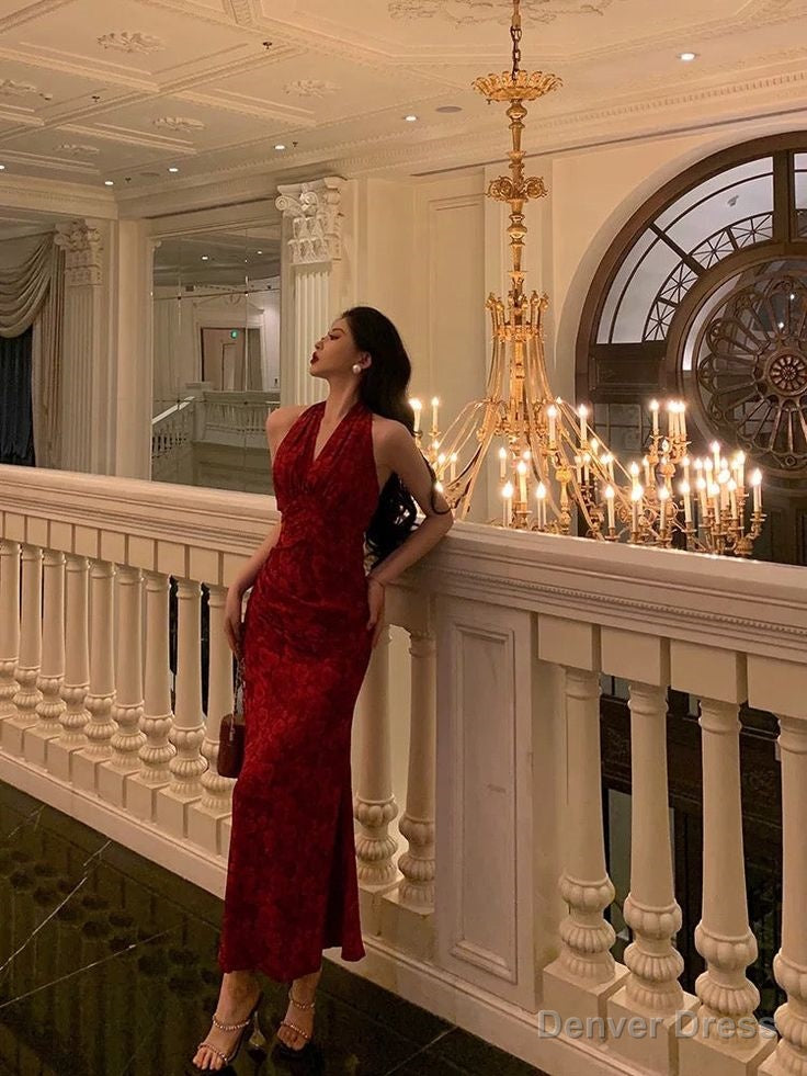 Sexy Sheath V Neckline Red Floral Ankle Length Prom Dress Birthday Dresses