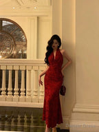 Sexy Sheath V Neckline Red Floral Ankle Length Prom Dress Birthday Dresses